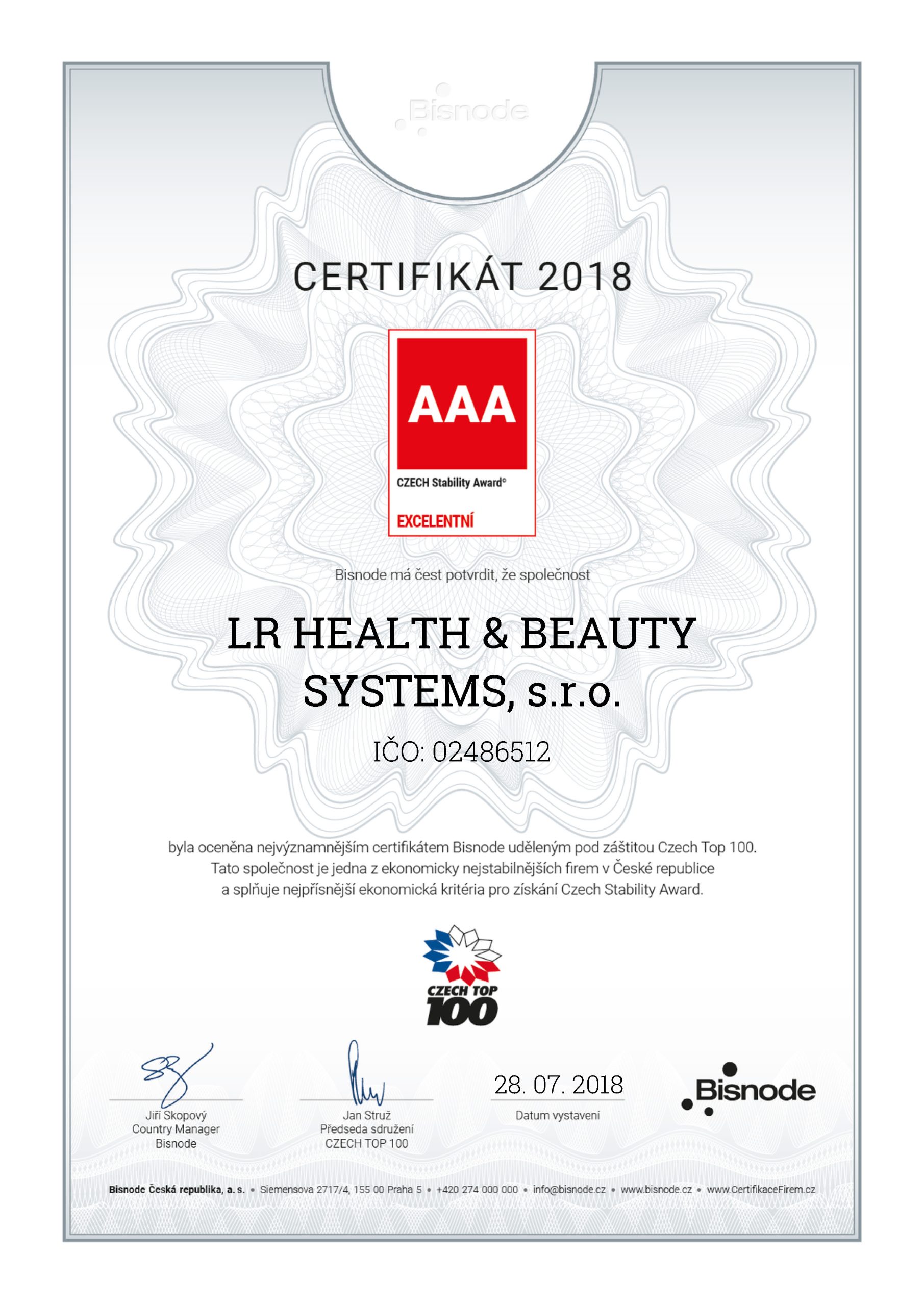 LR získalo prestižní certifikát CZECH Stability Award AAA - Via Elite